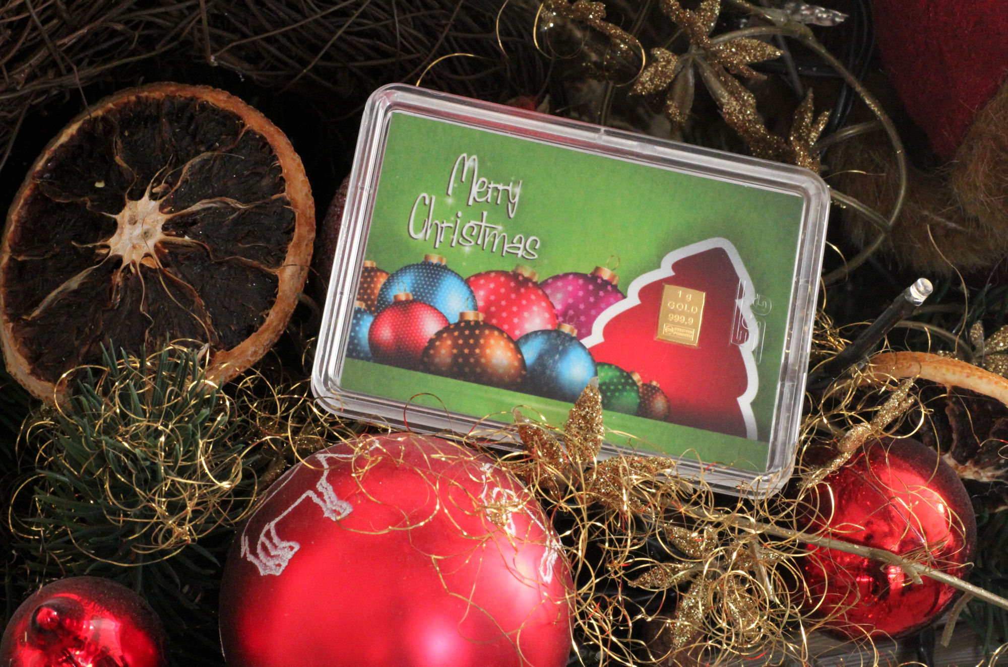 Goldbarren 1g "Merry Christmas/Kugeln" (Motivbox) - Detailansicht 1