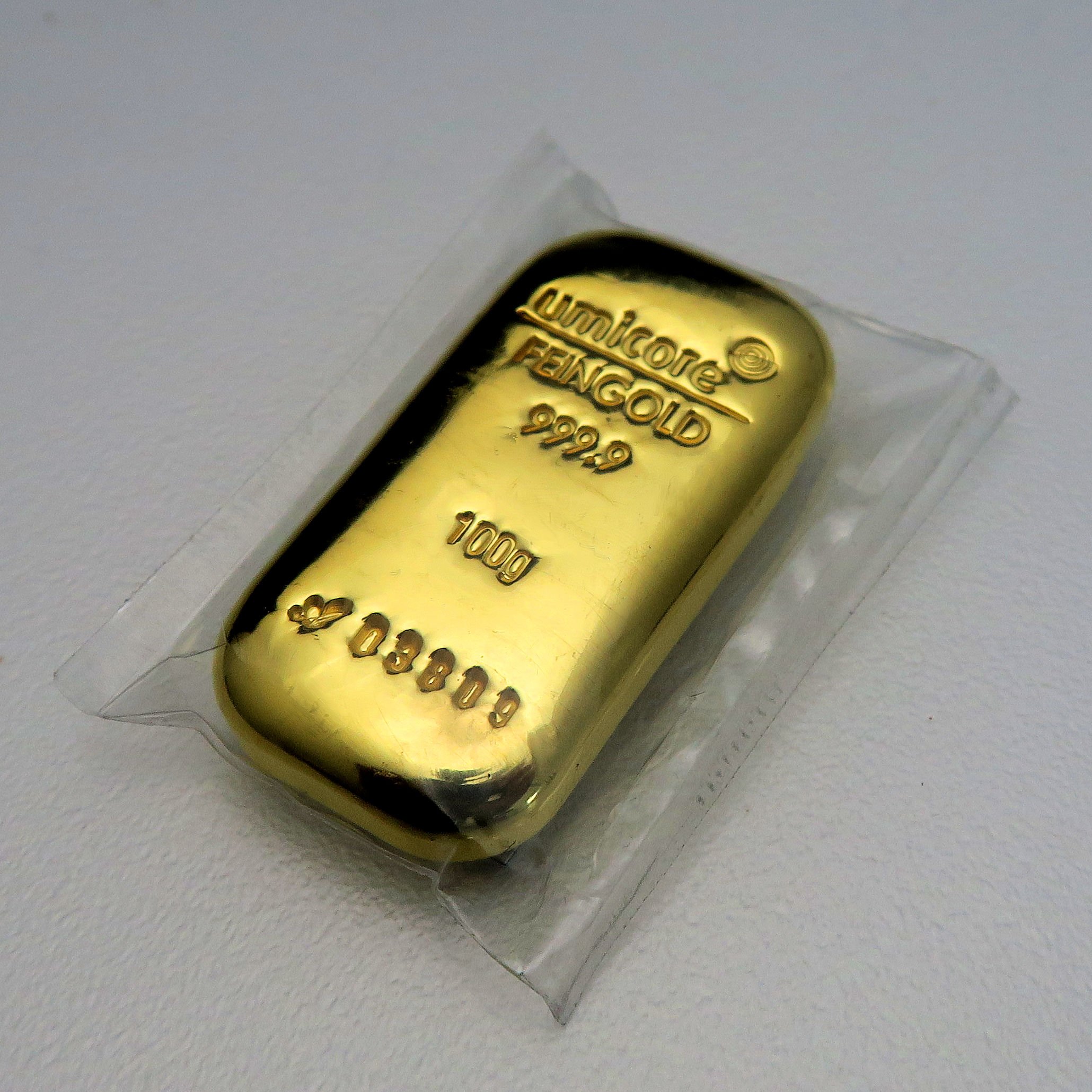 Goldbarren 100g UMICORE gegossen - Detailansicht 3