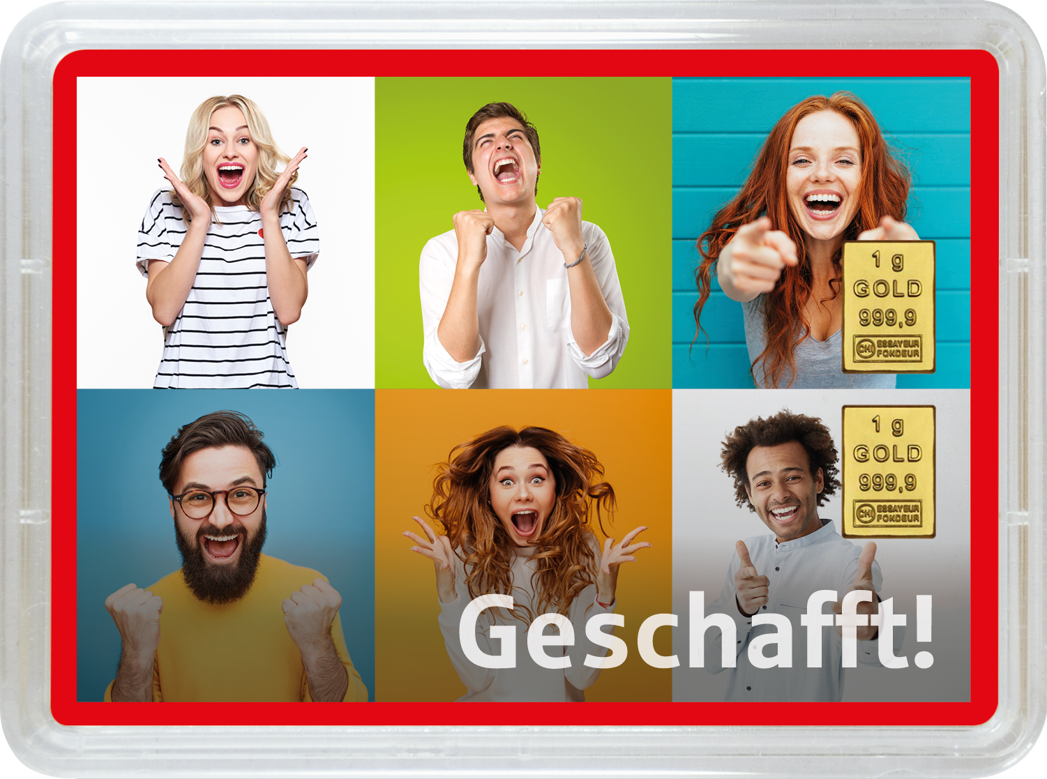 Goldbarren 2g "Geschafft - Jubel" (Motivbox) - Hauptansicht