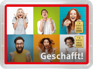 Goldbarren 2g "Geschafft - Jubel" (Motivbox) - Hauptansicht
