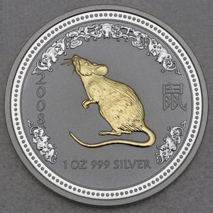 Silbermünze 1oz "Maus" 2008 (vergoldet) Lunar I – Year of the Mouse (Australien) - Miniaturansicht 1