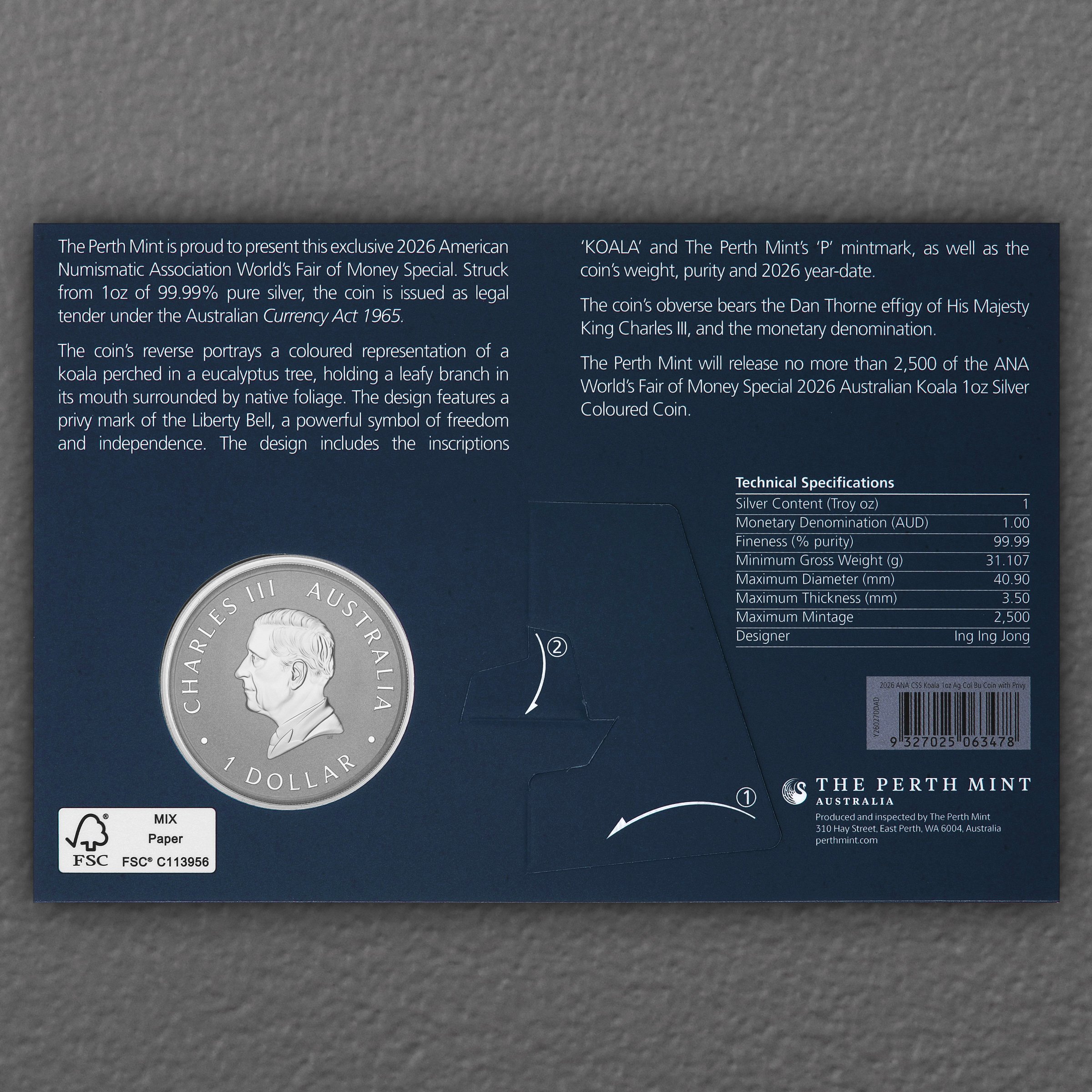 Silbermünze 1oz "Koala" 2026 (koloriert) ANA World s Fair of Money Special (Australien) - Detailansicht 3