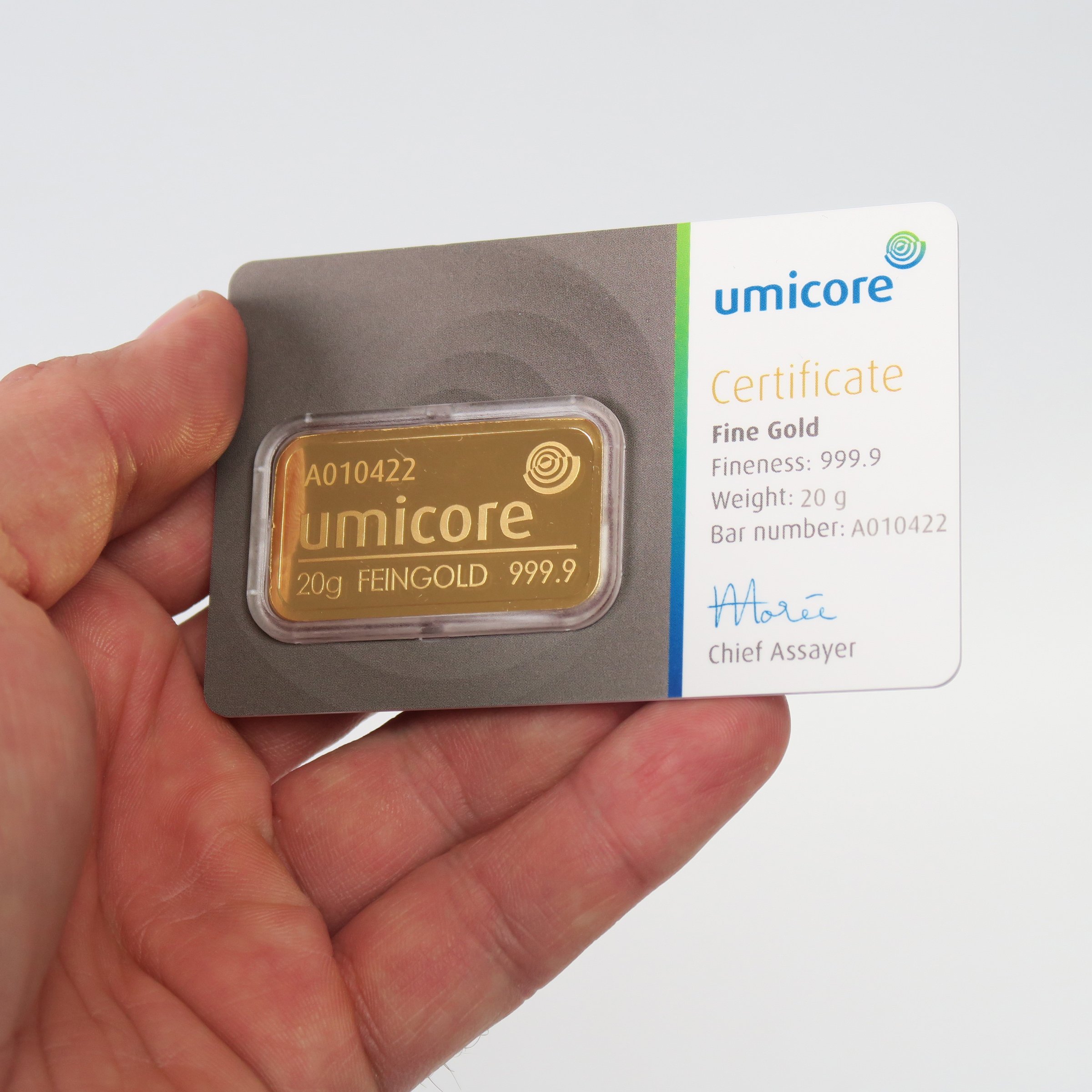 Goldbarren 20g UMICORE/Blister m. Zertifikat - Detailansicht 3