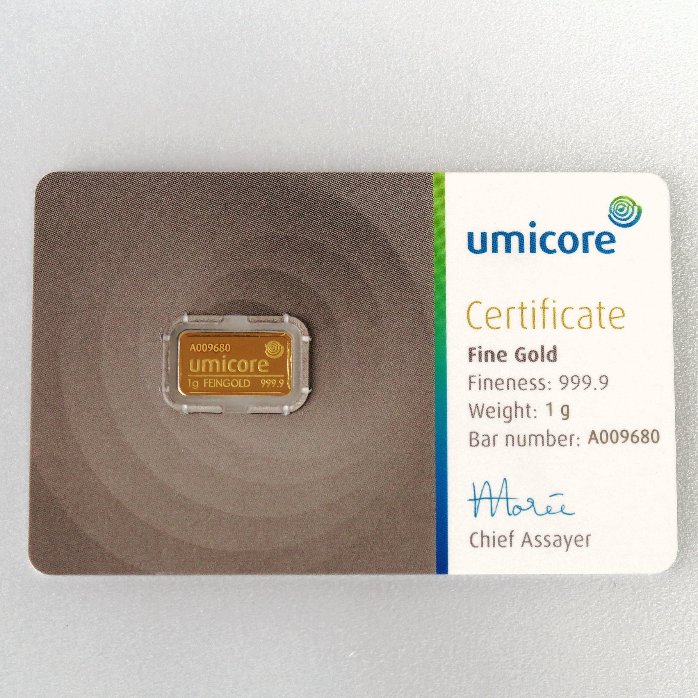 Goldbarren 1g UMICORE/Blister m. Zertifikat - Hauptansicht