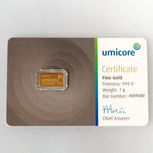Goldbarren 1g UMICORE/Blister m. Zertifikat - Hauptansicht