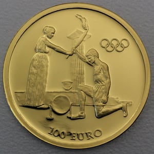 Goldmünze 100 Euro "Fackellauf – Übergabe" 2004 Olympische Sommerspiele Athen 2004 (Griechenland) - Hauptansicht