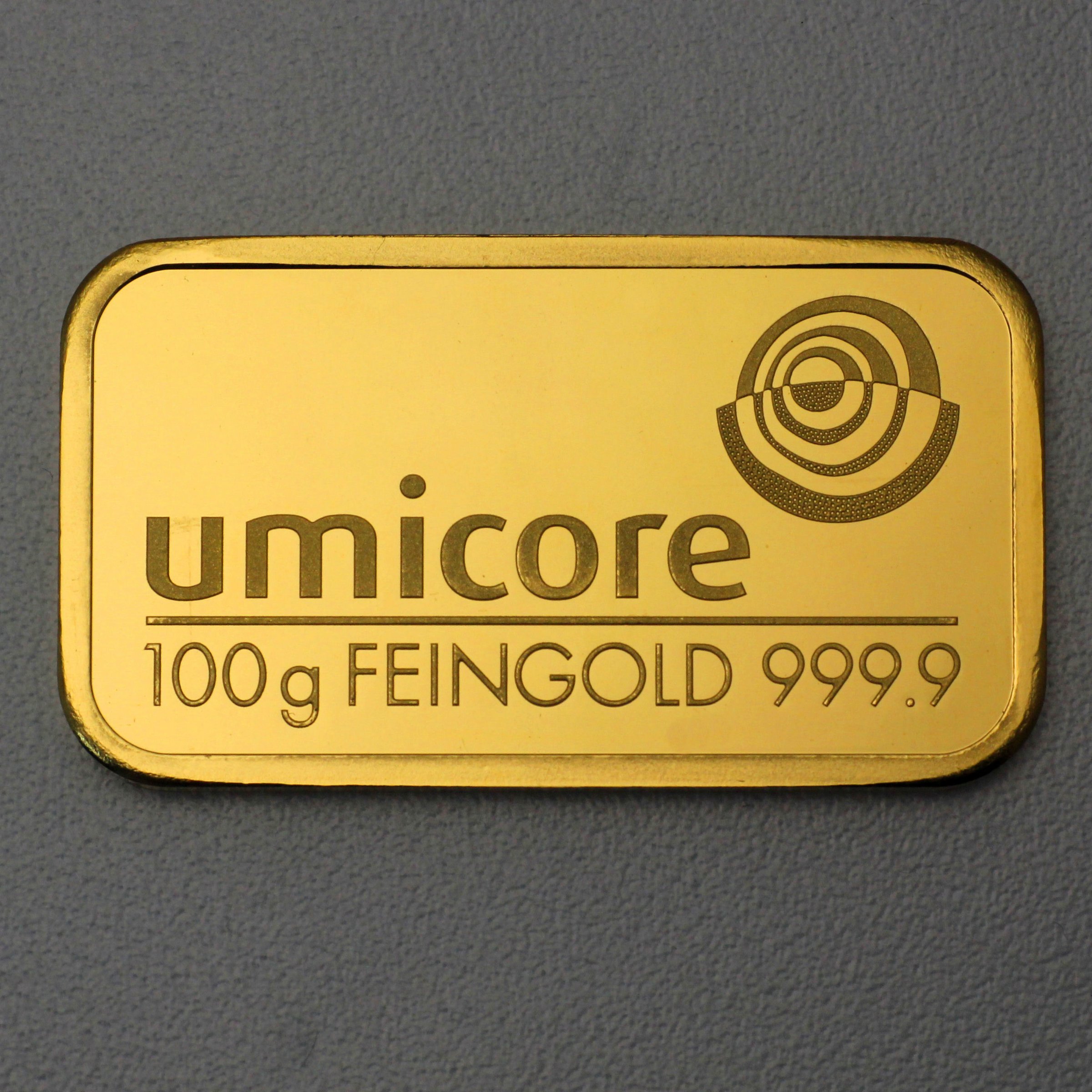 Goldbarren 100g UMICORE geprägt - Hauptansicht