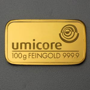 Goldbarren 100g UMICORE geprägt - Hauptansicht