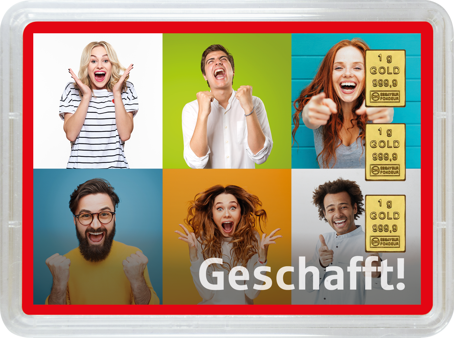 Goldbarren 3g "Geschafft - Jubel" (Motivbox) - Hauptansicht
