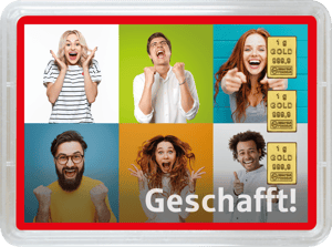 Goldbarren 3g "Geschafft - Jubel" (Motivbox) - Hauptansicht