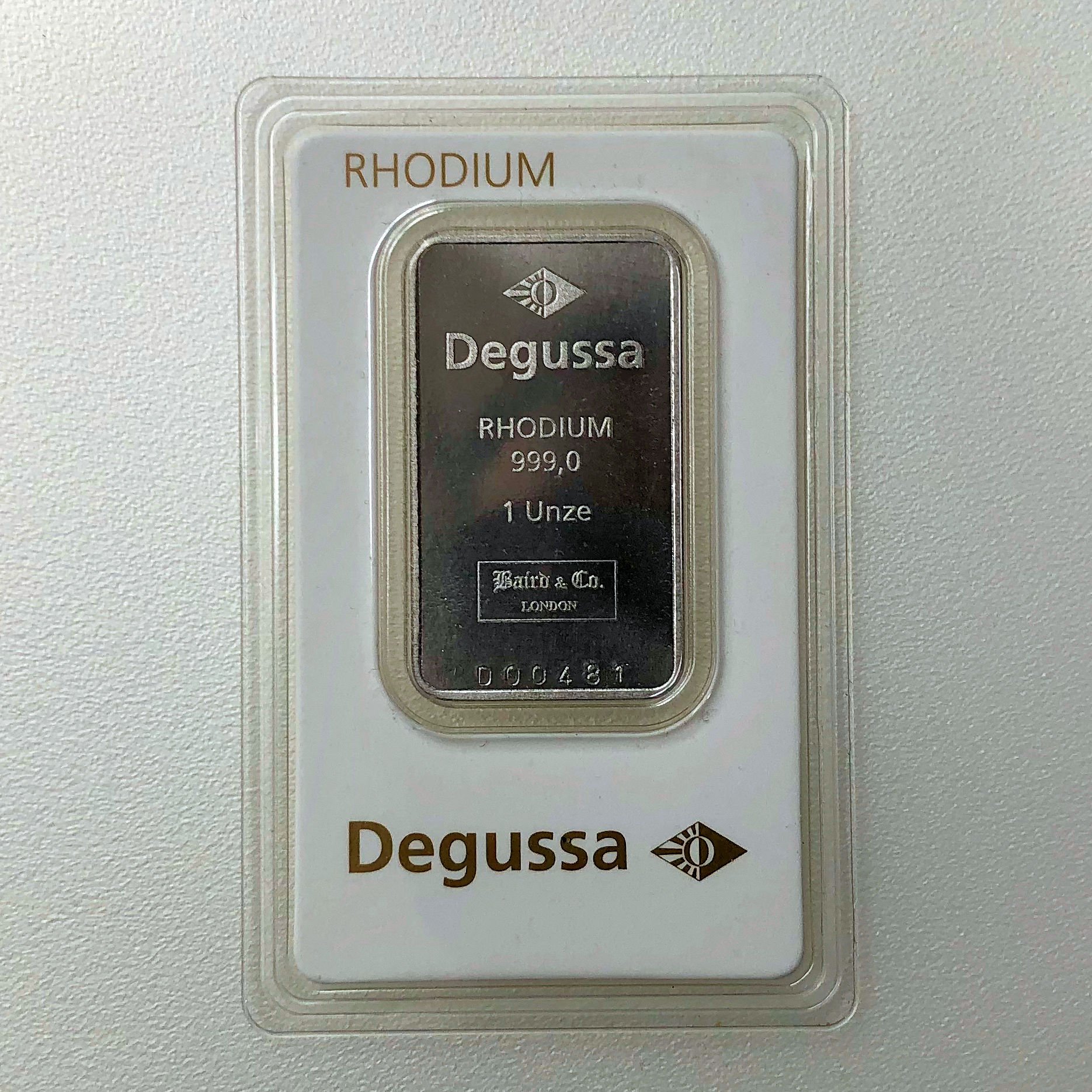 Rhodiumbarren 1oz DEGUSSA (999 Rh), geprägt - Hauptansicht