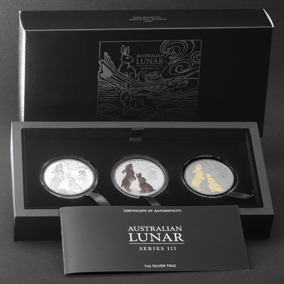 Silbermünzen 1oz "Hase" 2023 (PP/kol./vergoldet) Set 3-teilig Year of the Rabbit (Australien) - Miniaturansicht 14