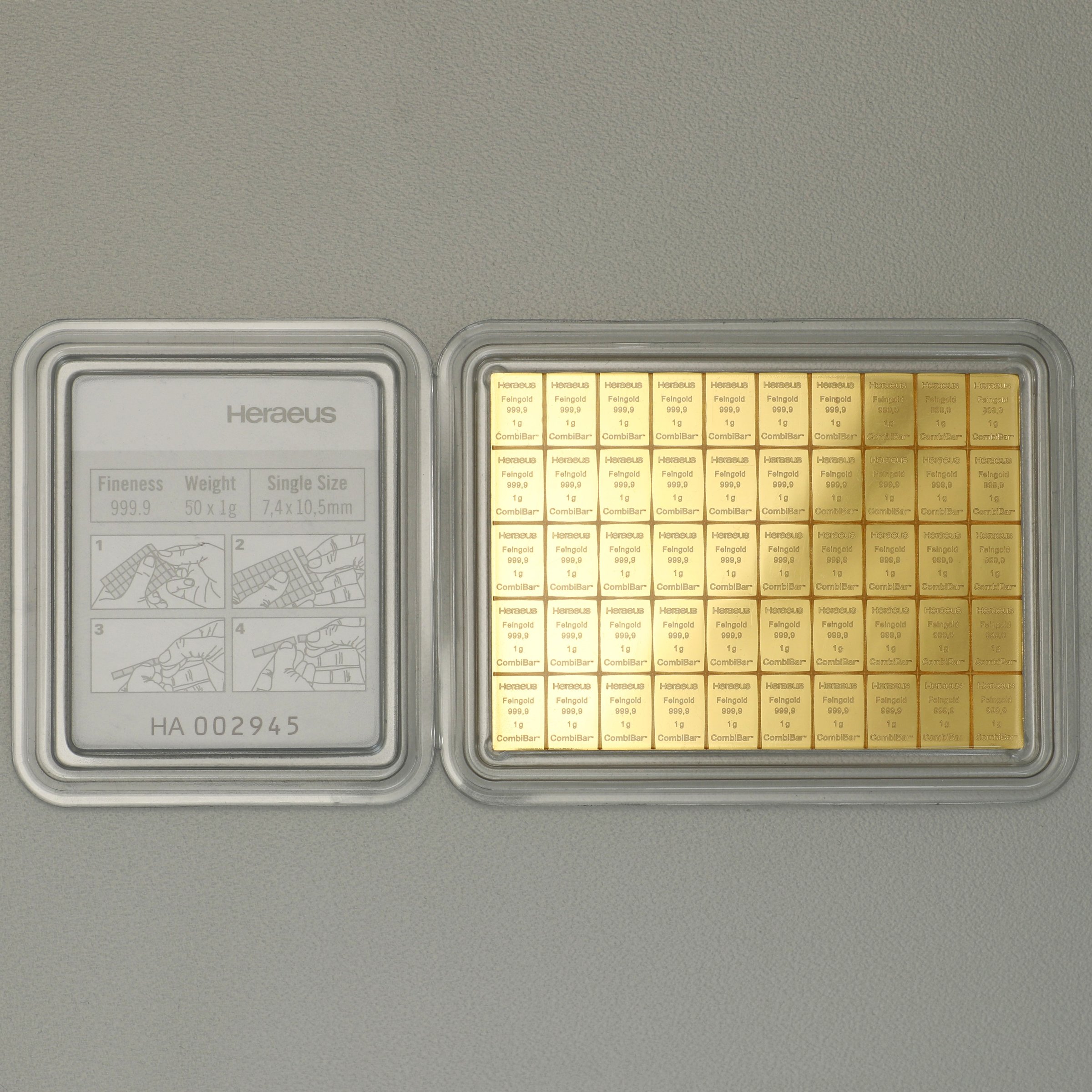 Goldtafel HERAEUS (50x 1g Gold) "CombiBar" - Detailansicht 2