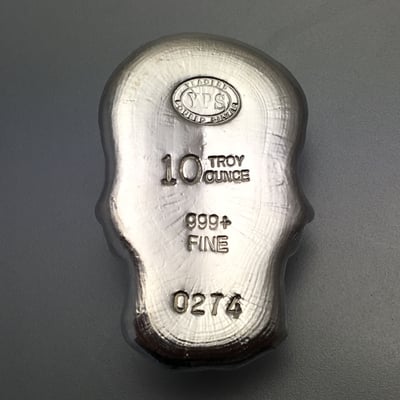 Silber 3-D Barren "Totenkopf" 10oz, gegossen - Miniaturansicht 2