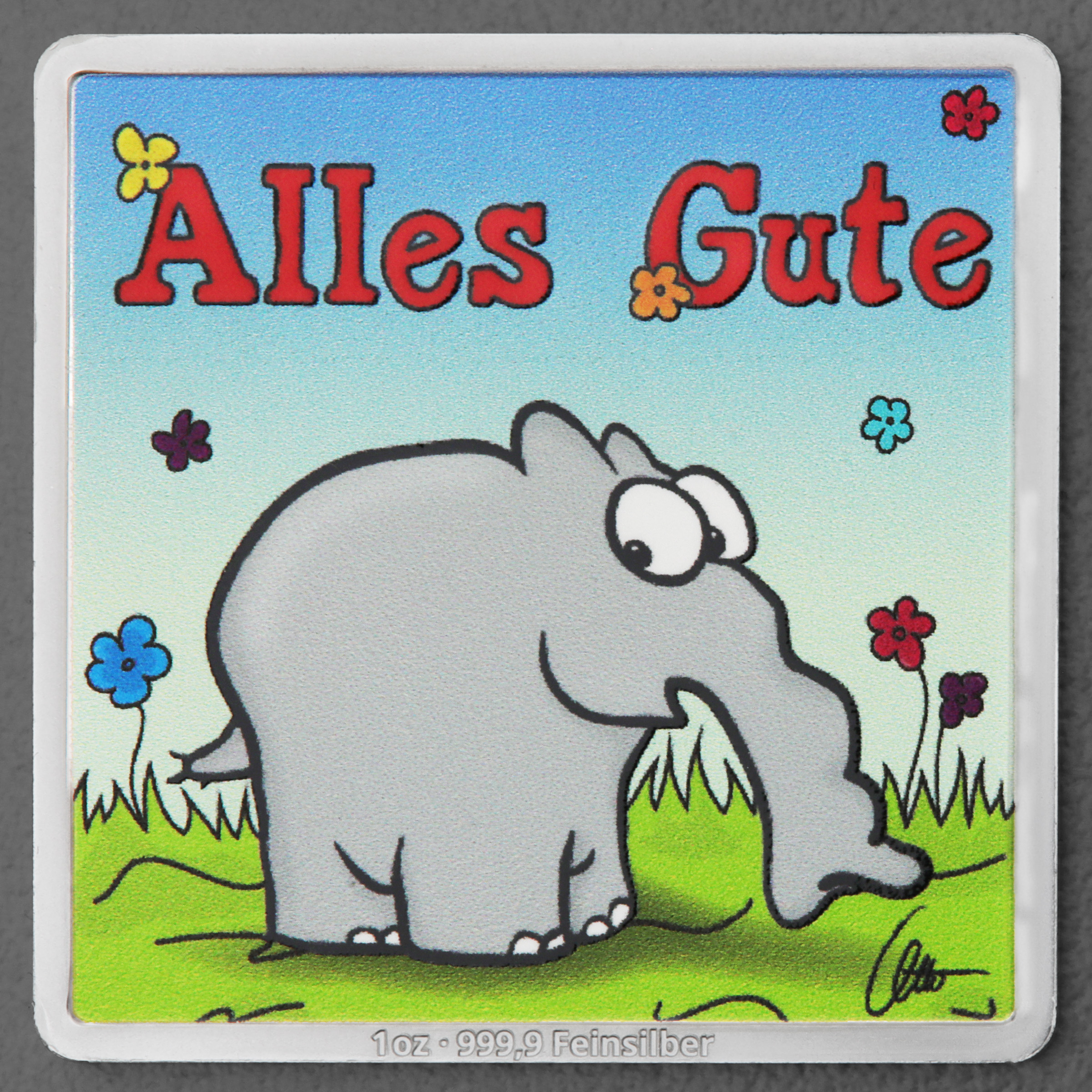 Silberbarren 1oz "Alles Gute" quadratisch (koloriert) Ottifanten - Hauptansicht
