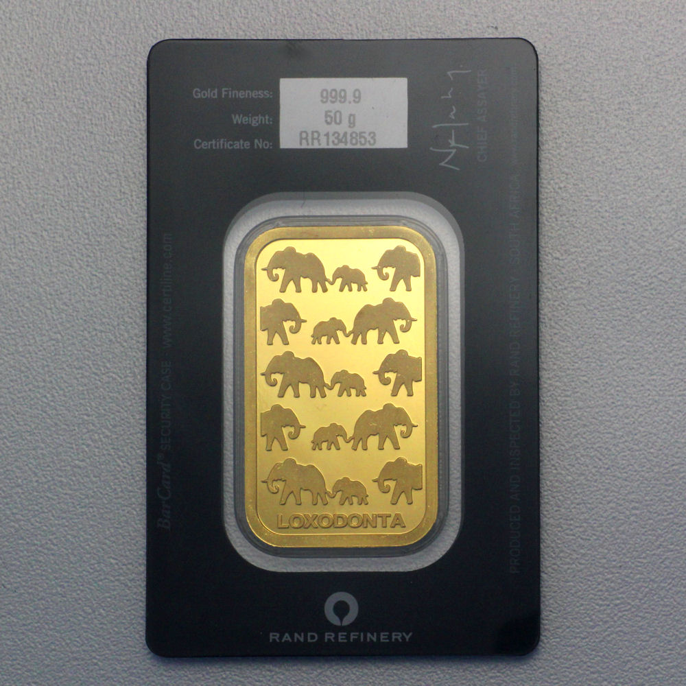 Goldbarren 50g Rand Refinery "Elefanten-Motiv" - Detailansicht 1