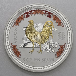 Silbermünze 5oz "Hahn" 2005 (koloriert/vergoldet) Lunar I – Year of the Rooster (Australien) - Miniaturansicht 1