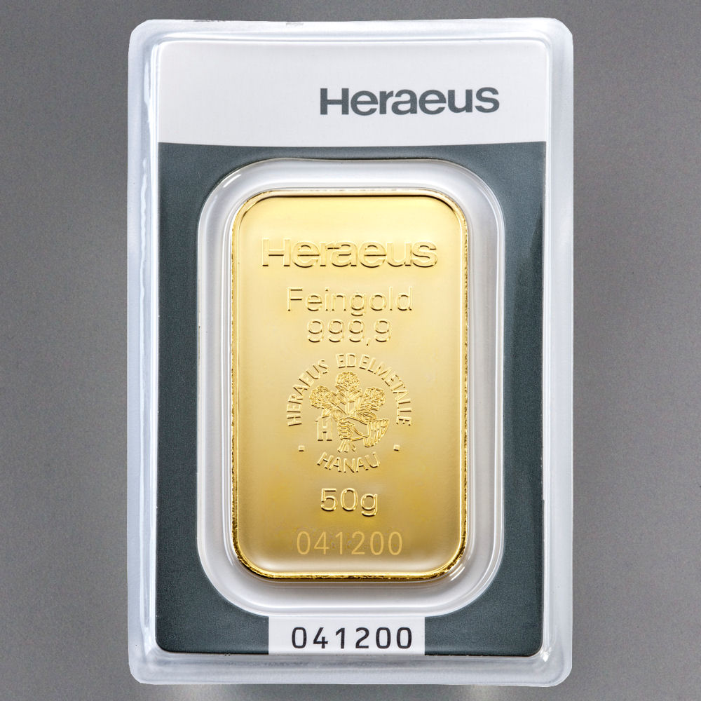 Goldbarren 50g HERAEUS geprägt - Detailansicht 1