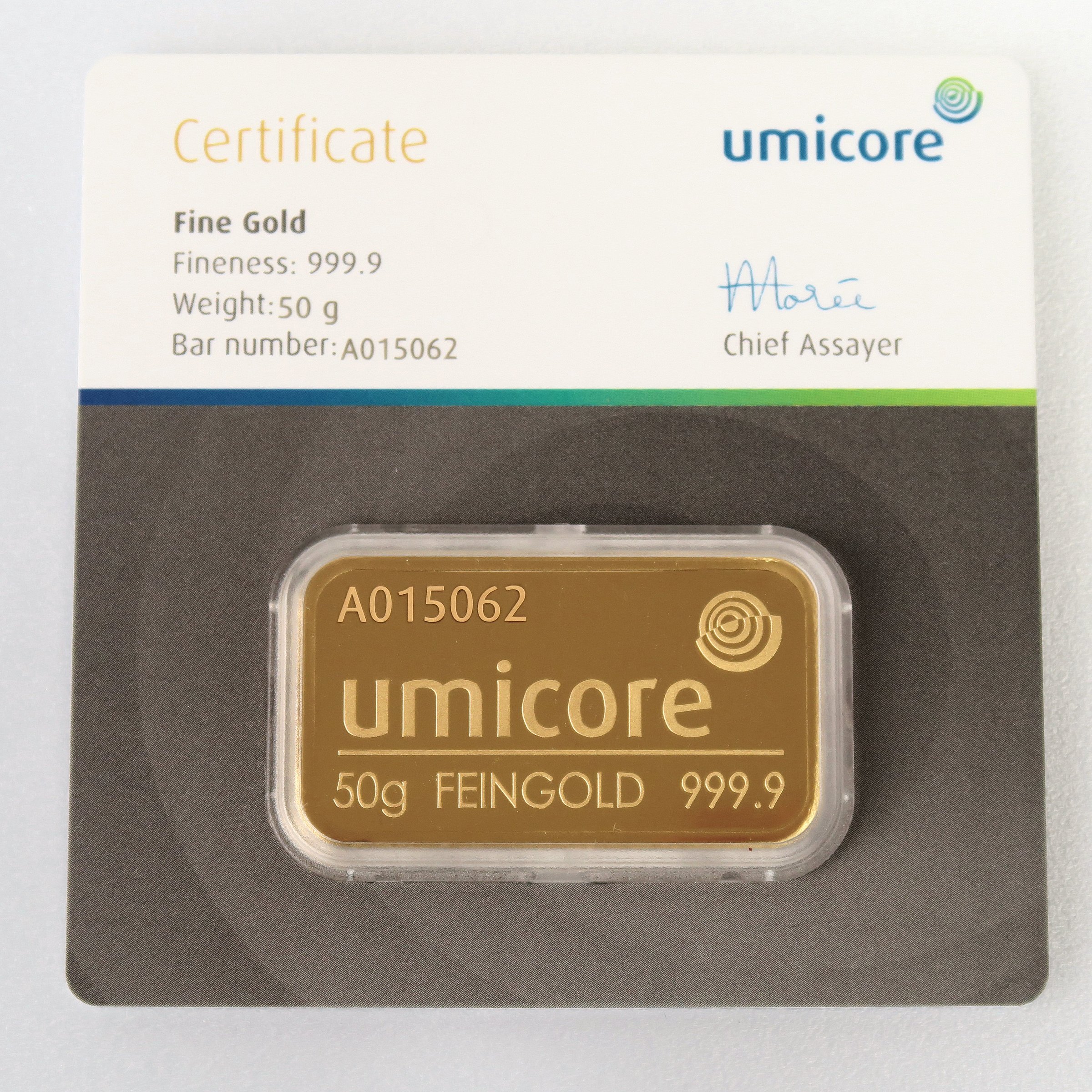 Goldbarren 50g UMICORE/Blister m. Zertifikat - Hauptansicht