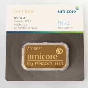 Goldbarren 50g UMICORE/Blister m. Zertifikat - Hauptansicht