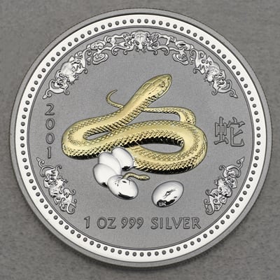 Silbermünze 1oz "Schlange" 2001 (vergoldet) Lunar I – Year of the Snake (Australien) - Miniaturansicht 1