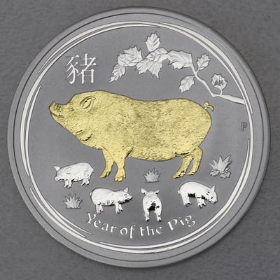 Silbermünze 1oz "Schwein" 2019 (vergoldet) Lunar II – Year of the Pig (Australien) - Miniaturansicht 1