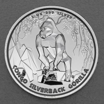 Silbermünze 1oz "Silberrücken Gorilla" 2021 (Kongo) - Miniaturansicht 1