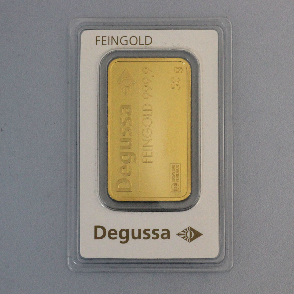 Goldbarren 50g DEGUSSA, im Blister - Hauptansicht