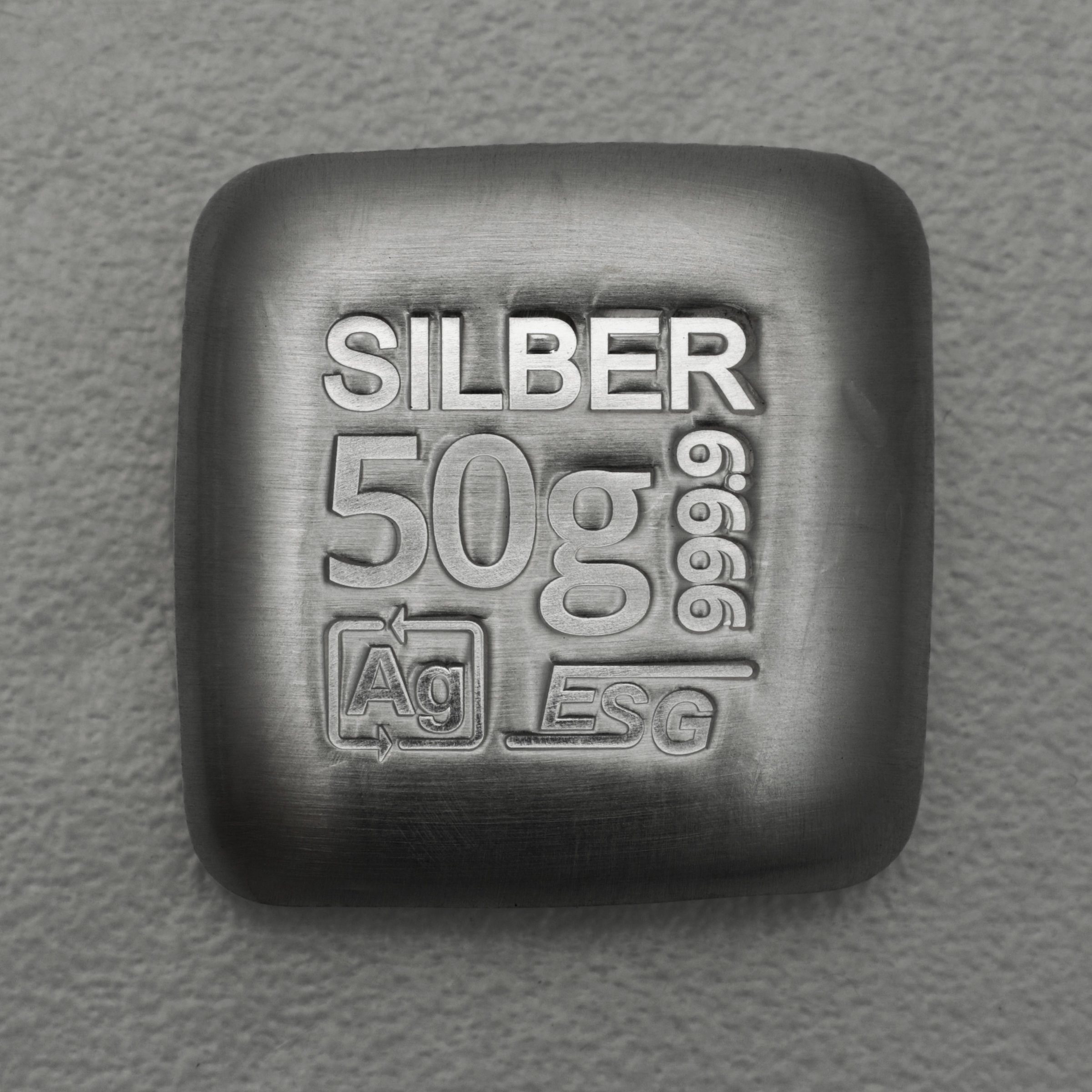Silberbarren 50g ESG gegossen quadratisch gravierbar Recyclingsilber - Hauptansicht