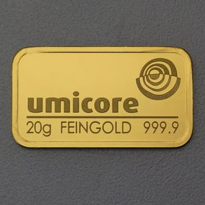 Goldbarren 20g UMICORE geprägt - Hauptansicht