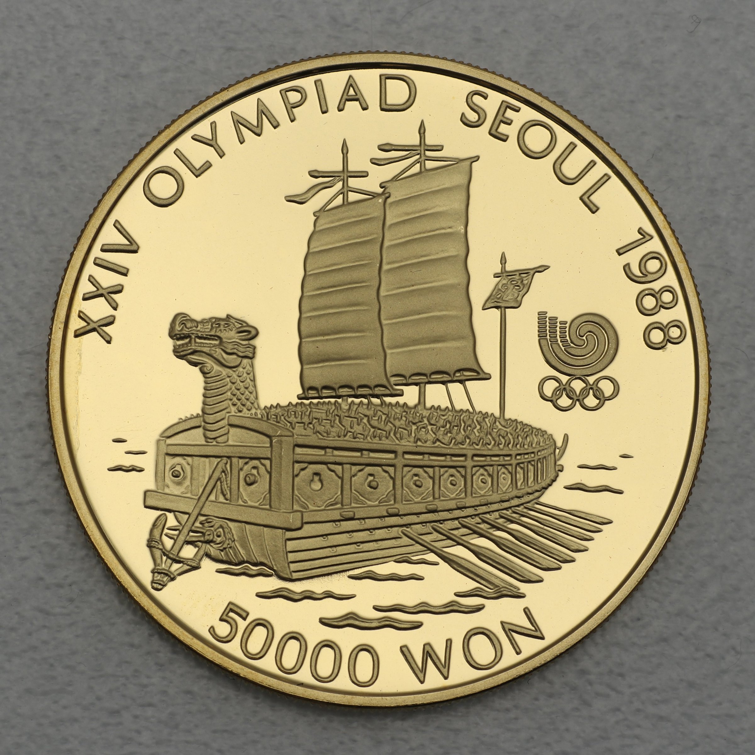 Goldmünze 50000 Won "Turtle Boat" 1986 24. Olympiade in Seoul 1988 (Südkorea) - Hauptansicht
