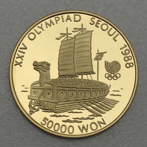 Goldmünze 50000 Won "Turtle Boat" 1986 24. Olympiade in Seoul 1988 (Südkorea) - Miniaturansicht 1
