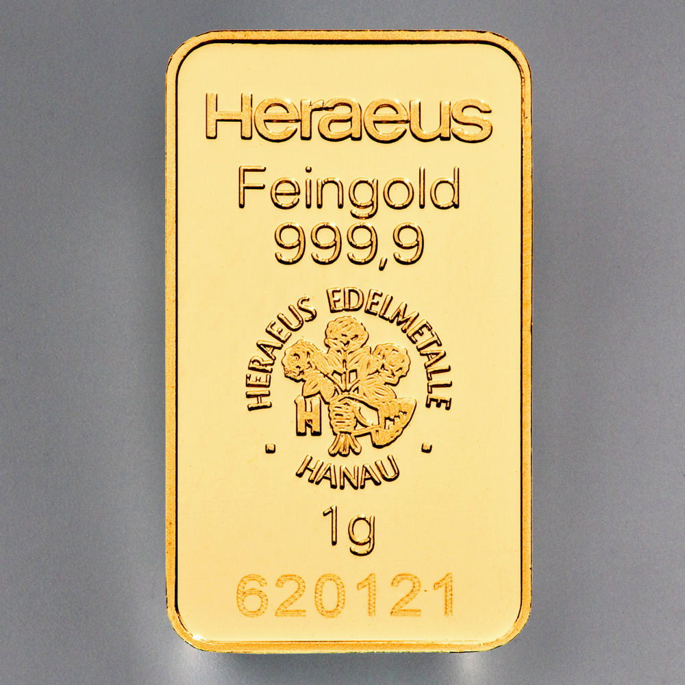 Goldbarren 1g HERAEUS geprägt - Hauptansicht