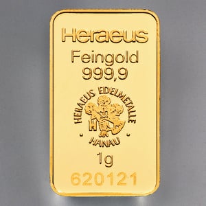 Goldbarren 1g HERAEUS geprägt - Hauptansicht