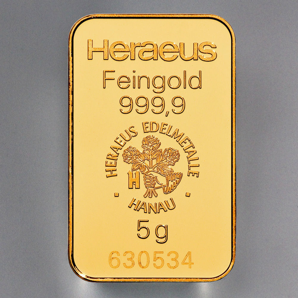 Goldbarren 5g HERAEUS geprägt - Hauptansicht
