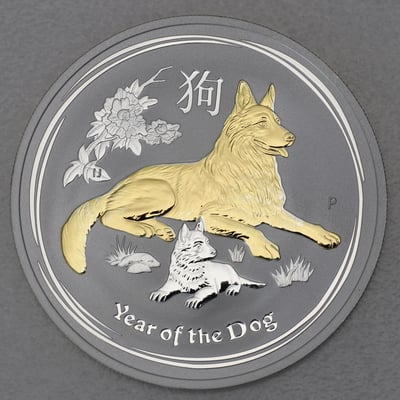 Silbermünze 1oz "Hund" 2018 (vergoldet) Lunar II – Year of the Dog (Australien) - Miniaturansicht 1