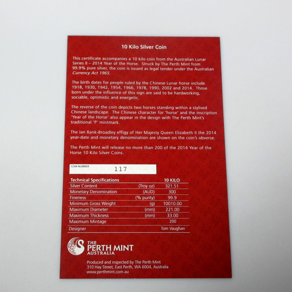 Silbermünze 10kg "Pferd" 2014 Lunar II – Year of the Horse (Australien) - Detailansicht 6