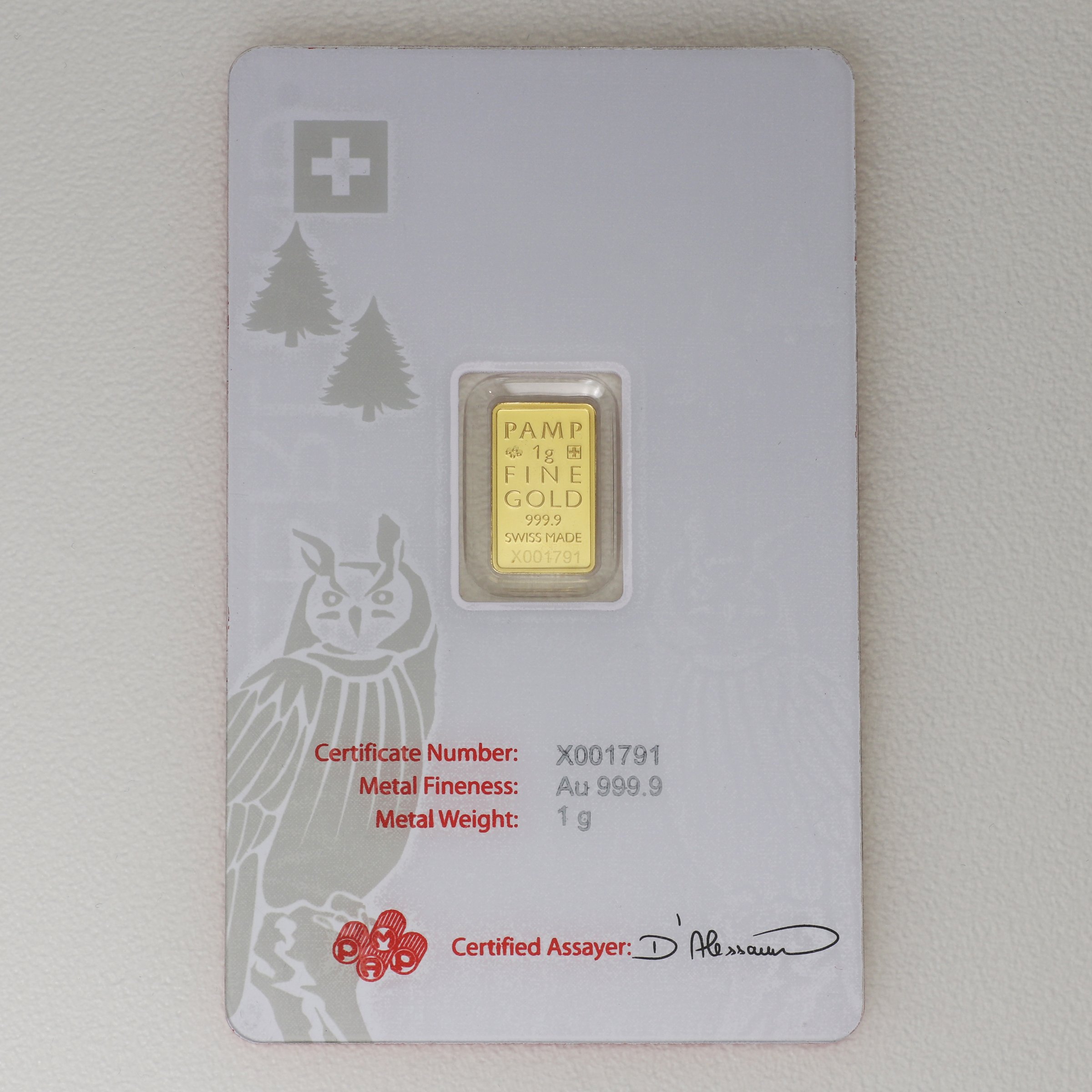Goldbarren 1g PAMP "Switzerland - Owl" - Detailansicht 1