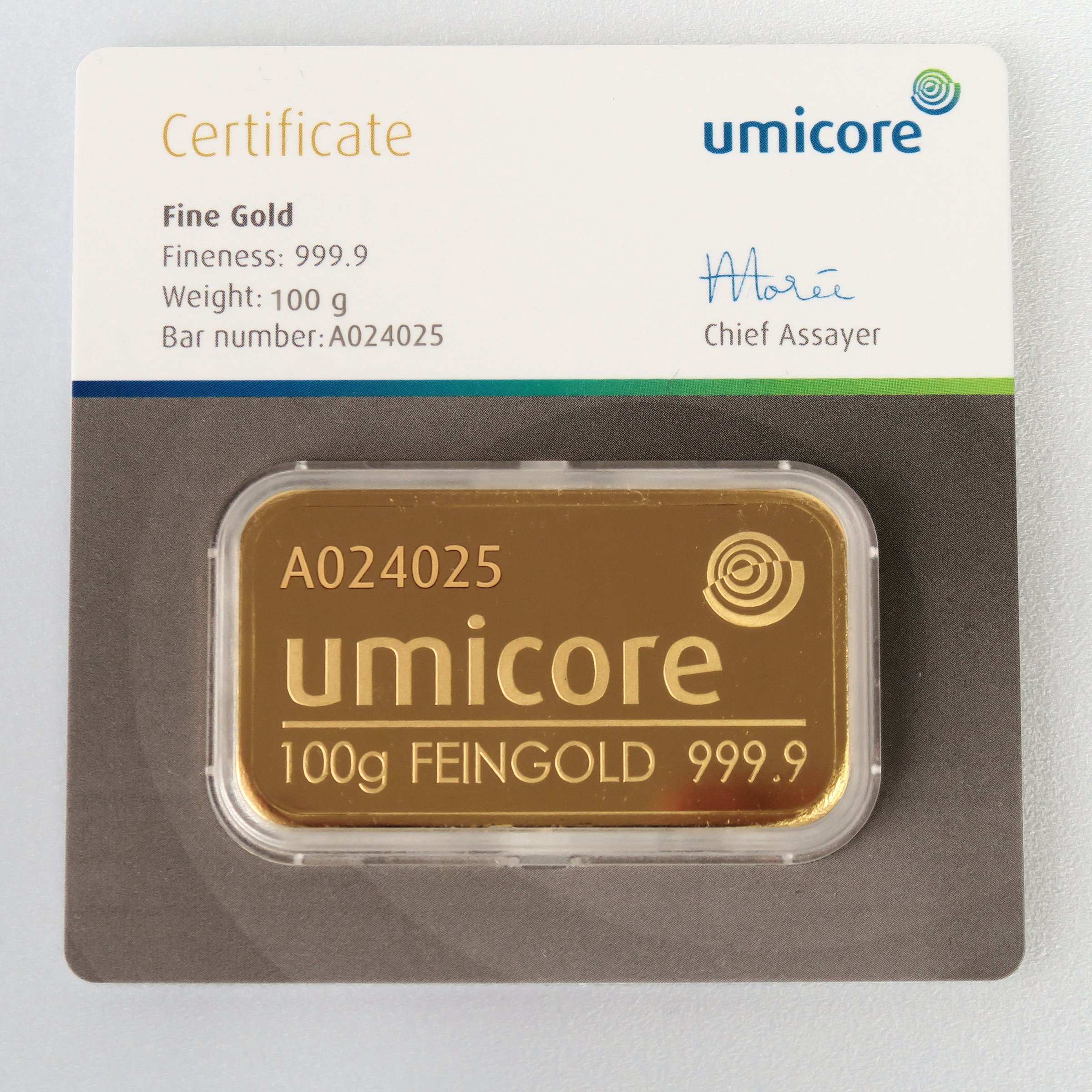 Goldbarren 100g UMICORE Blister mit Zertifikat - Hauptansicht