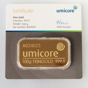 Goldbarren 100g UMICORE Blister mit Zertifikat - Hauptansicht