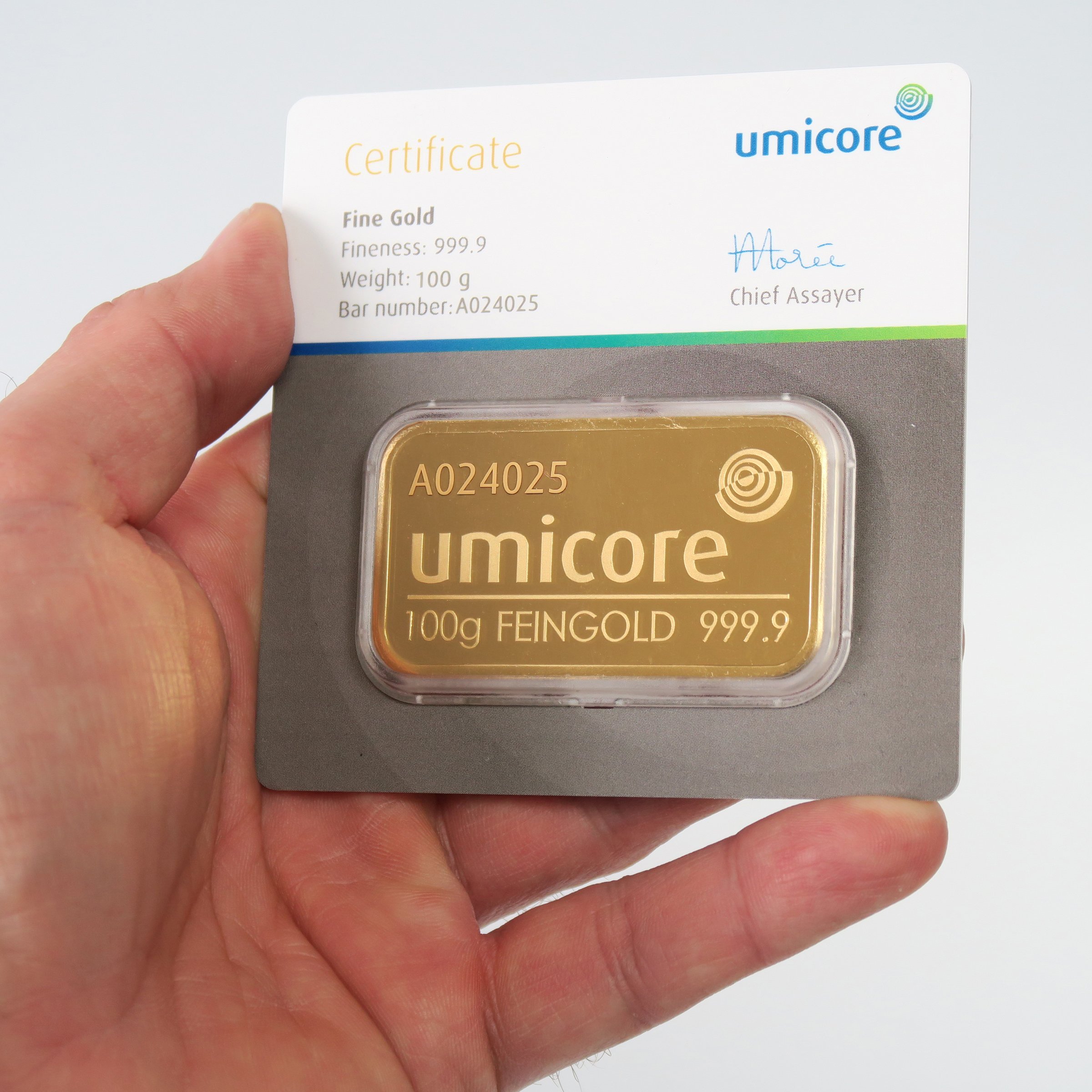 Goldbarren 100g UMICORE Blister mit Zertifikat - Detailansicht 3