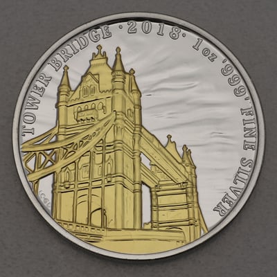 Silbermünze 1oz "Tower Bridge" 2018 (vergoldet) Landmarks of Britain (Großbritannien) - Miniaturansicht 1