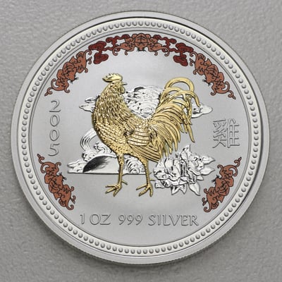 Silbermünze 1oz "Hahn" 2005 (koloriert/vergoldet) Lunar I – Year of the Rooster (Australien) - Miniaturansicht 1