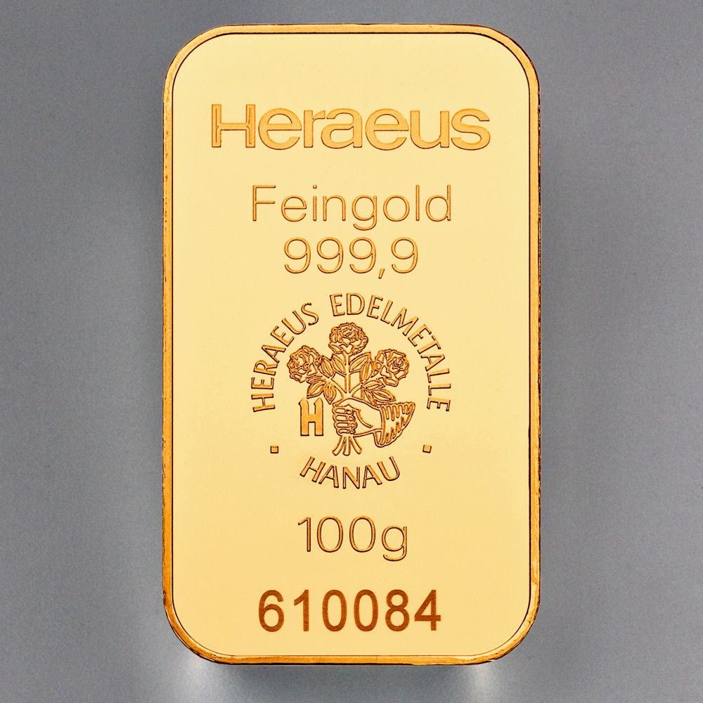 Goldbarren 100g HERAEUS geprägt - Hauptansicht