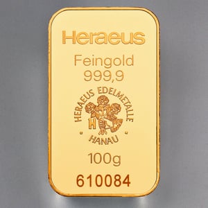 Goldbarren 100g HERAEUS geprägt - Hauptansicht