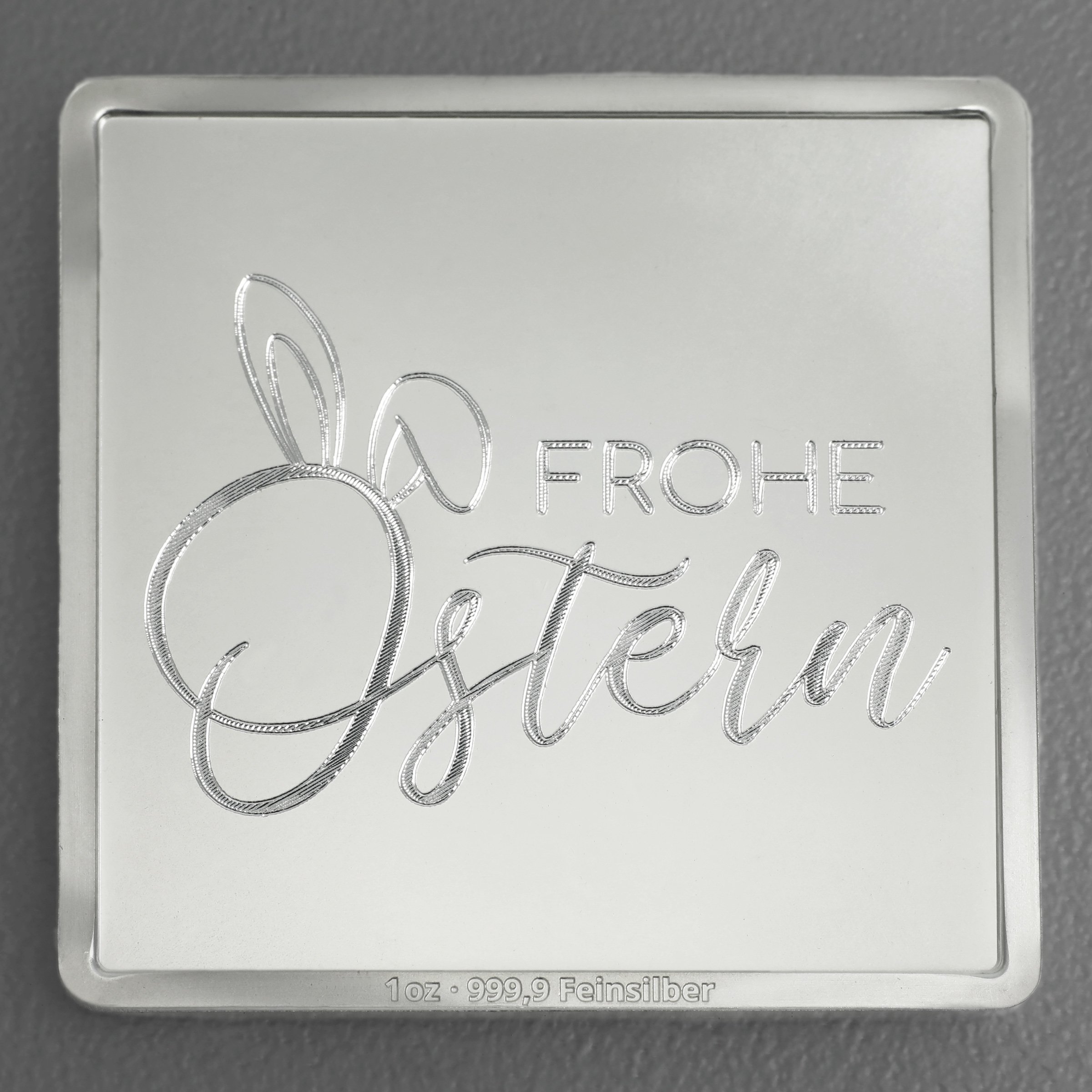 Silberbarren 1oz "Ostern - Hasenohren" Gravurbarren quadratisch - Hauptansicht