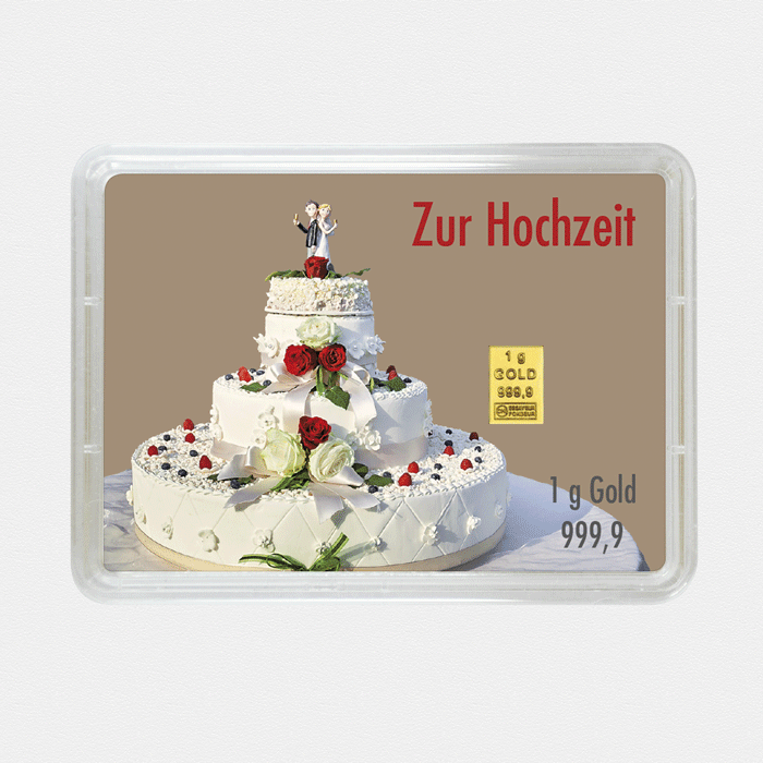 Goldbarren 1g "Blumen+Torte/Hochzeit" (Flip) - Hauptansicht