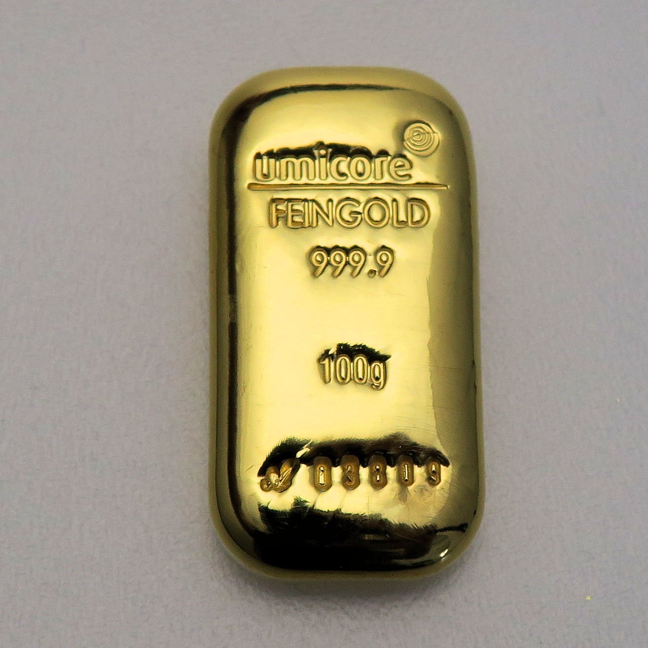 Goldbarren 100g UMICORE gegossen - Hauptansicht