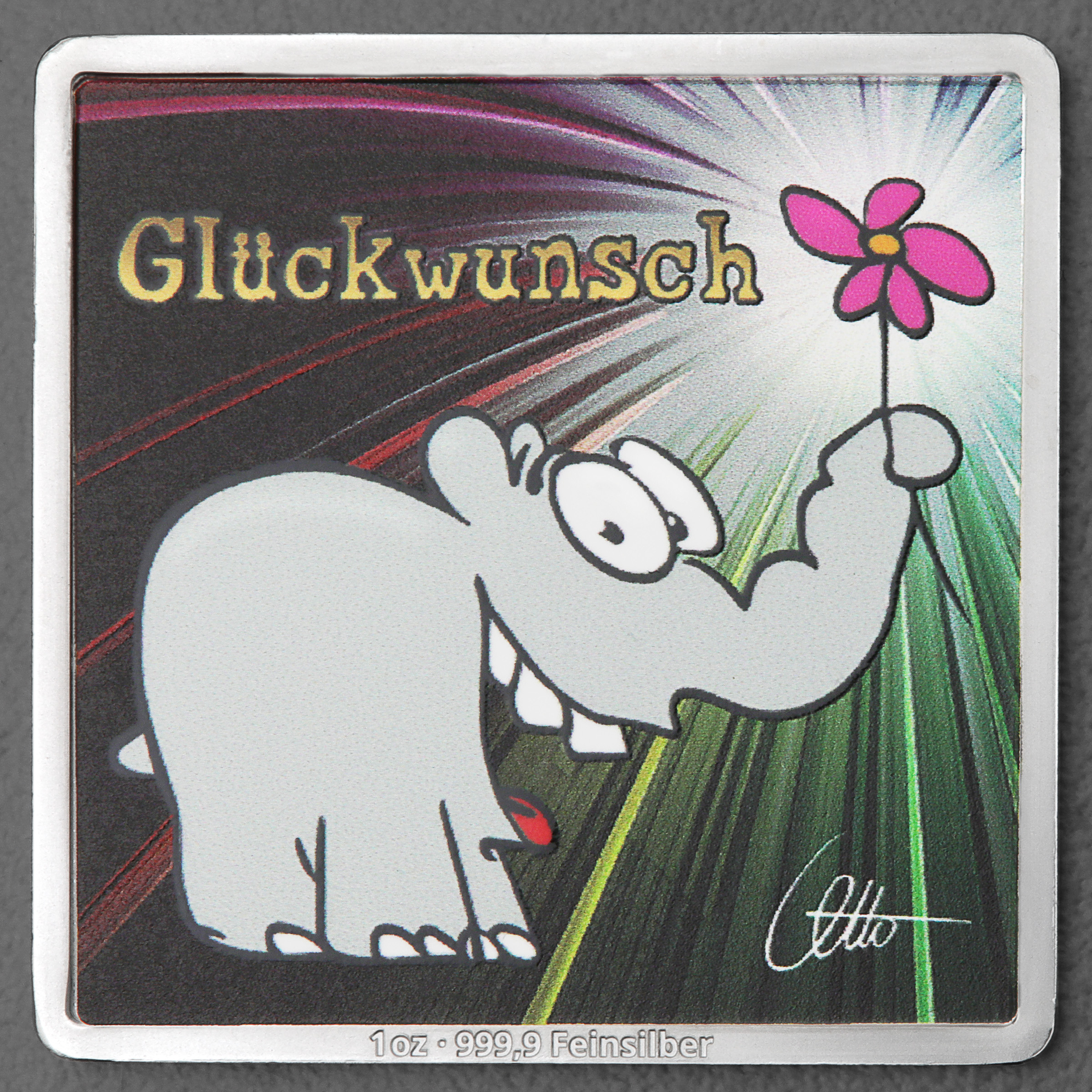 Silberbarren 1oz "Glückwunsch" quadratisch (koloriert) Ottifanten - Hauptansicht