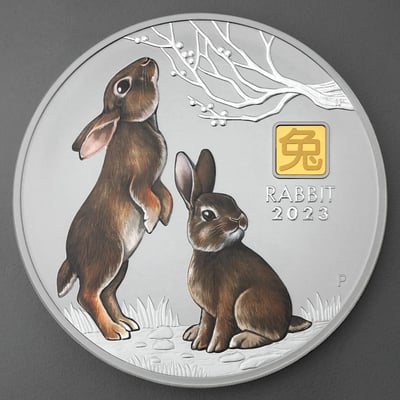Silbermünze 1kg "Hase" 2023 (koloriert) Gold Privy Mark – Lunar III (Australien) - Miniaturansicht 1
